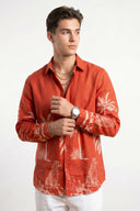 Red Tropical Palm Tree Graphic Safari Printed Full Sleeve Shirt