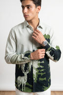 Green Pine Forest & Deer Wildlife Printed Full Sleeve Shirt