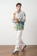 Multicolor Creative Patchwork and Artistic Leaf Motif Printed Full Sleeve Shirt