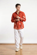 Red Tropical Palm Tree Graphic Safari Printed Full Sleeve Shirt