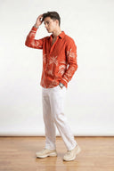 Red Tropical Palm Tree Graphic Safari Printed Full Sleeve Shirt