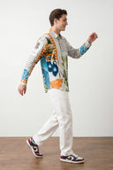 Multicolor Creative Patchwork and Artistic Leaf Motif Printed Full Sleeve Shirt