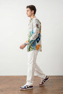 Multicolor Creative Patchwork and Artistic Leaf Motif Printed Full Sleeve Shirt