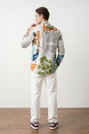 Multicolor Creative Patchwork and Artistic Leaf Motif Printed Full Sleeve Shirt