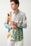 Multicolor Creative Patchwork and Artistic Leaf Motif Printed Full Sleeve Shirt